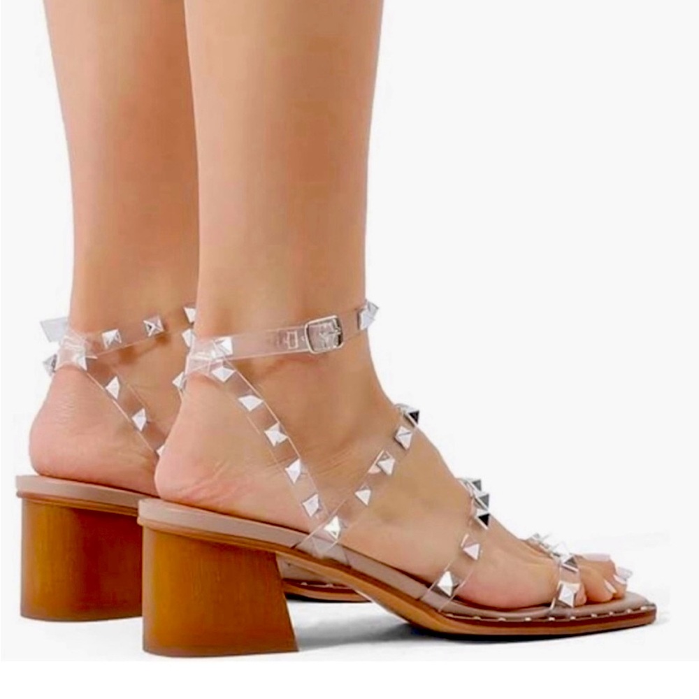 STEVE MADDEN Clear Ankle Strap Studded Square Toe Buckle heels Sandals Shoes 9 M